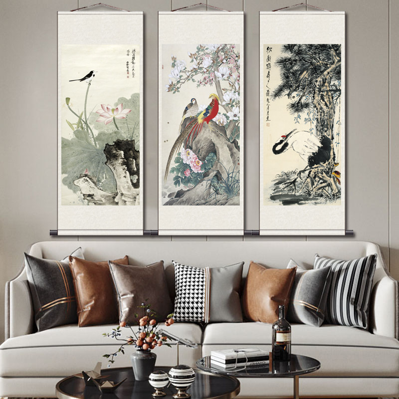 吉祥动物挂画丝绸卷轴送客户礼品玉兰花鸟画牡丹双鸟风水招财