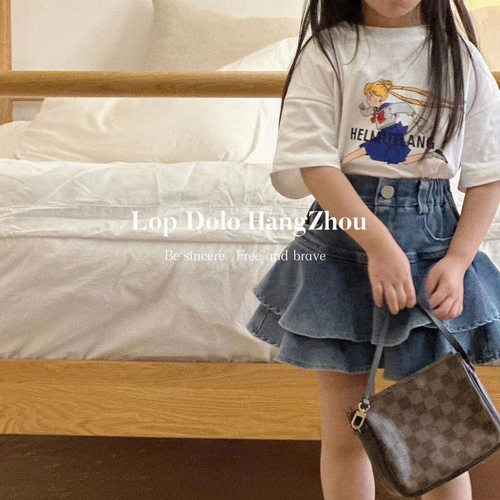 女童牛仔裙裤半身裙蛋糕裙夏装洋气儿童女孩防走光短裙套装T恤