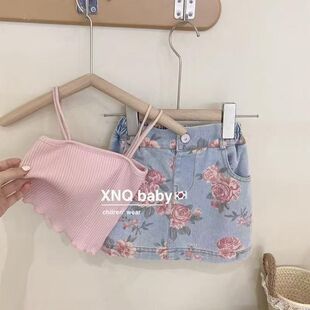 韩国2025夏装新款女童网红洋气宝宝薄款吊带上衣牛仔短裙两件套装