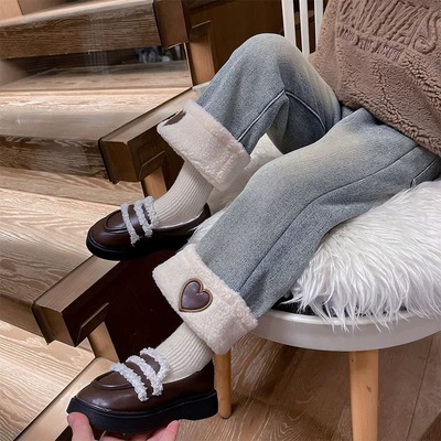 女童洋气加绒裤子2025冬季新款时尚直筒加厚牛仔裤女宝百搭阔腿裤