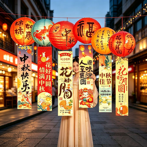 中秋国风灯笼条幅套装花好月圆