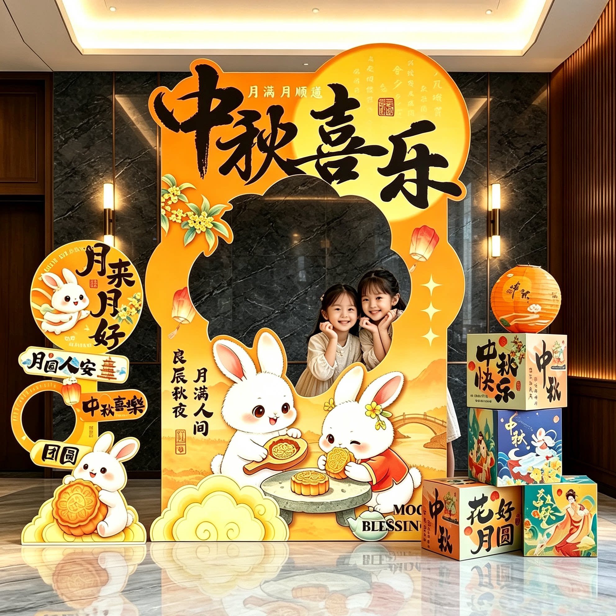 中秋节主题氛围布置装饰kt板摆件拍照相框引路牌商场门店中秋活动
