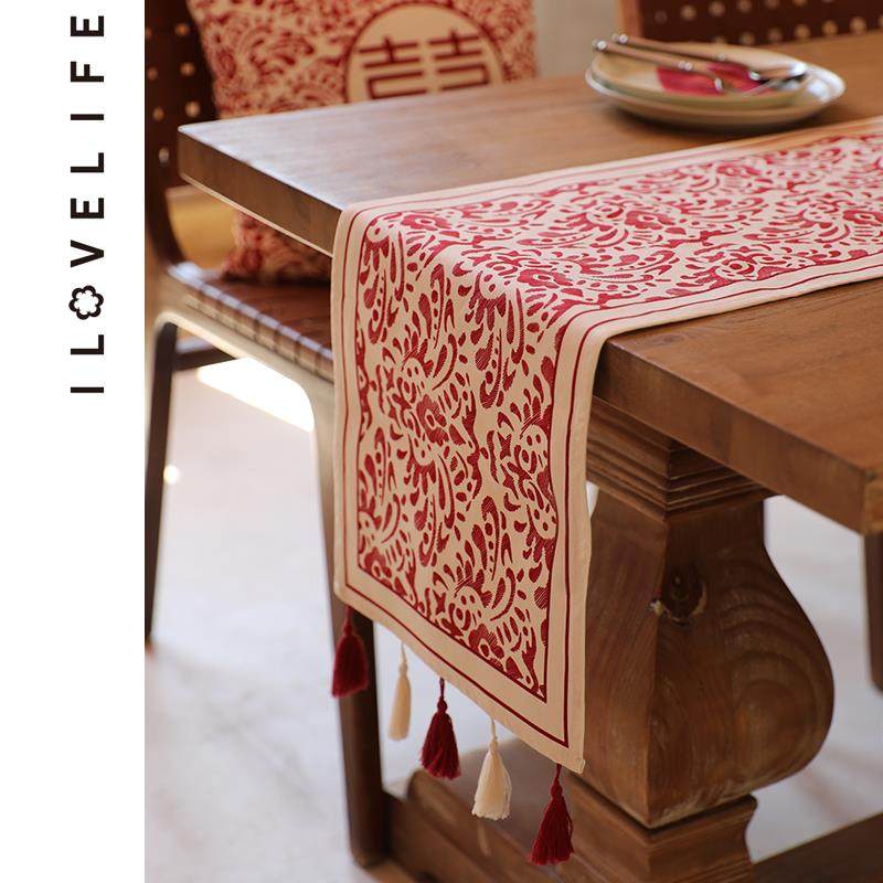我爱生活新中式桌旗结婚红色茶几茶席婚礼桌布婚庆高端轻奢床尾巾