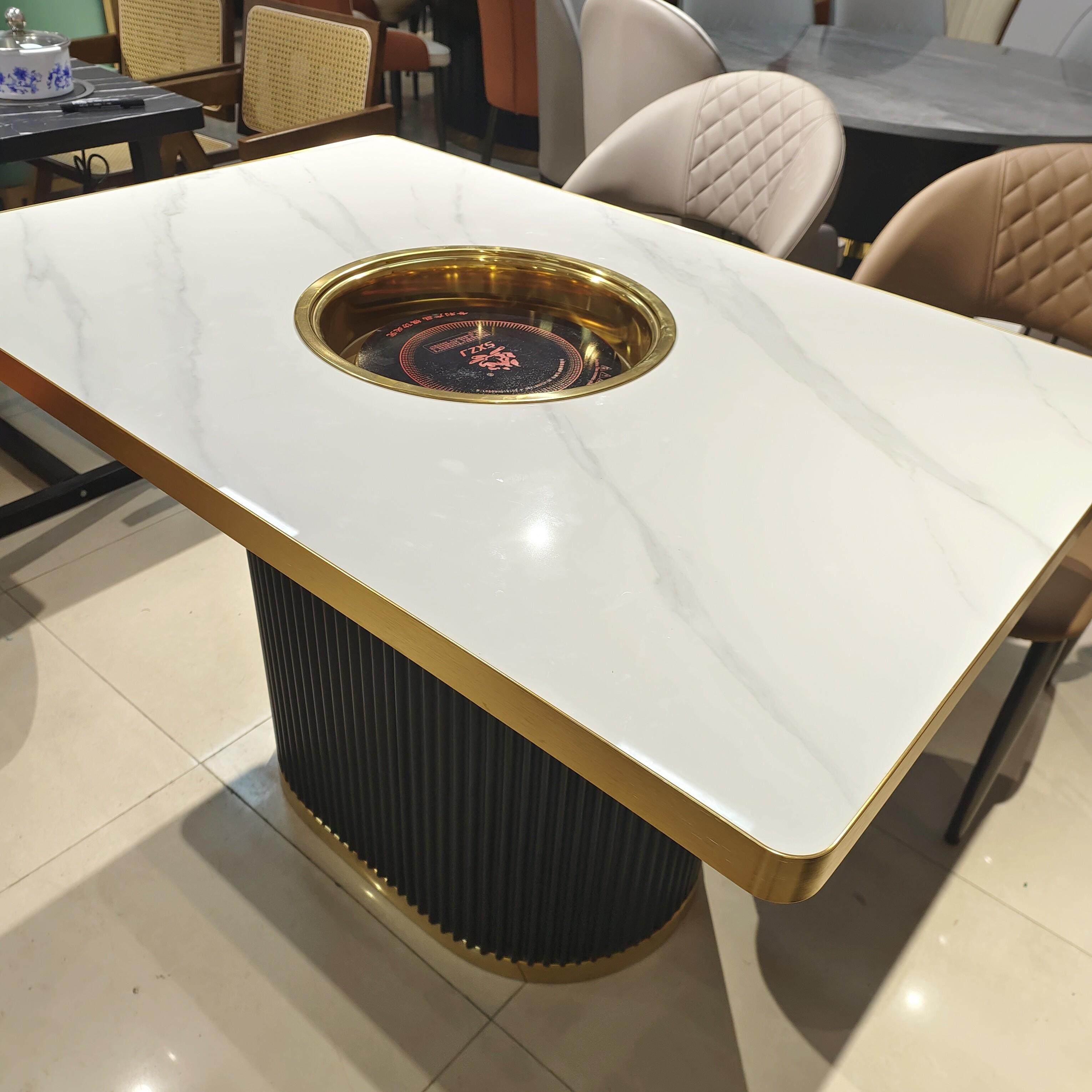 商用火锅桌子电磁炉一体岩板餐桌长方形桌子火锅烙锅串串香桌椅