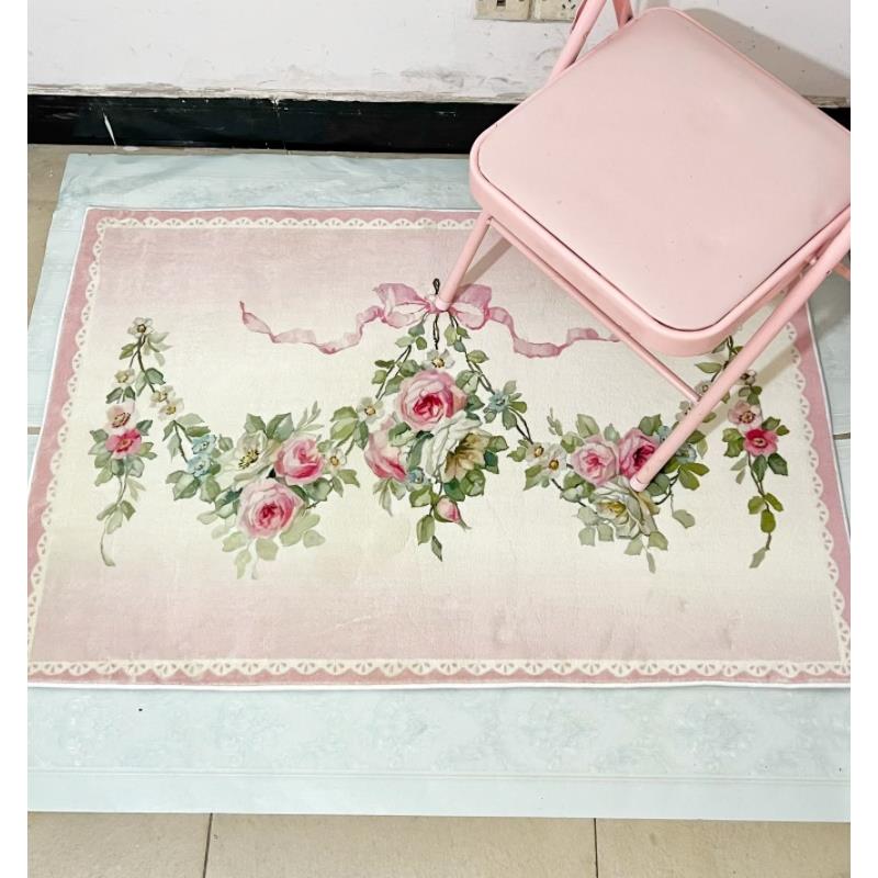 覆古蝴蝶结玫瑰花束粉红色卧室门地毯/少女可爱风格地毯/短毛绒机