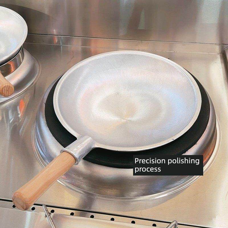 纯铝锅商业厨房特殊利马勺圆平底老式木柄加厚不粘锅烧小龙虾锅