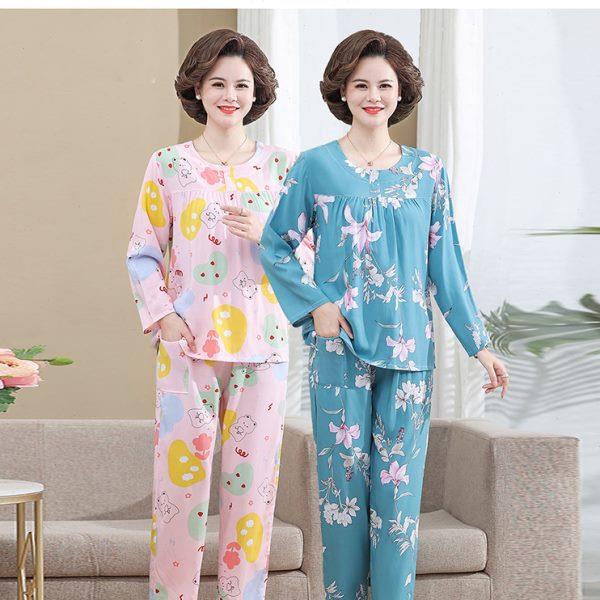 夏季睡衣女款长袖棉绸妈妈空调服人造棉中老年人绵绸长裤套装薄款