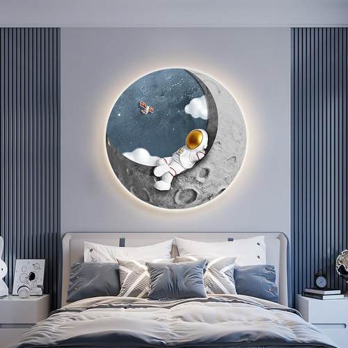 太空人儿童房装饰画卡通创意男孩卧室床头挂画走廊过道LED灯画