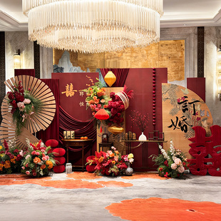 新中式订婚宴布置装饰全套摆件高级感花艺回门出阁宴背景墙kt展板