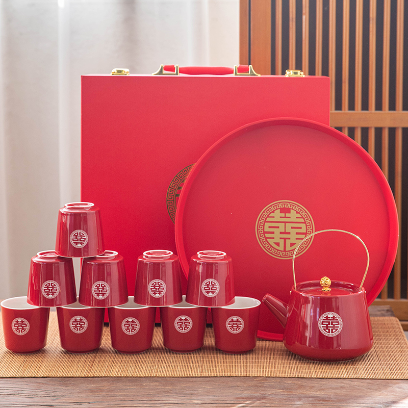结婚茶具套装茶壶敬茶杯改口茶杯双喜陪嫁套装新人送礼订婚礼物