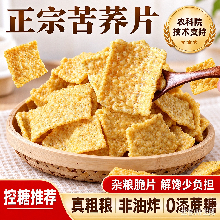 苦荞片锅巴脆片非油炸无蔗糖粗粮低脂健身开袋即食特色健康小零食