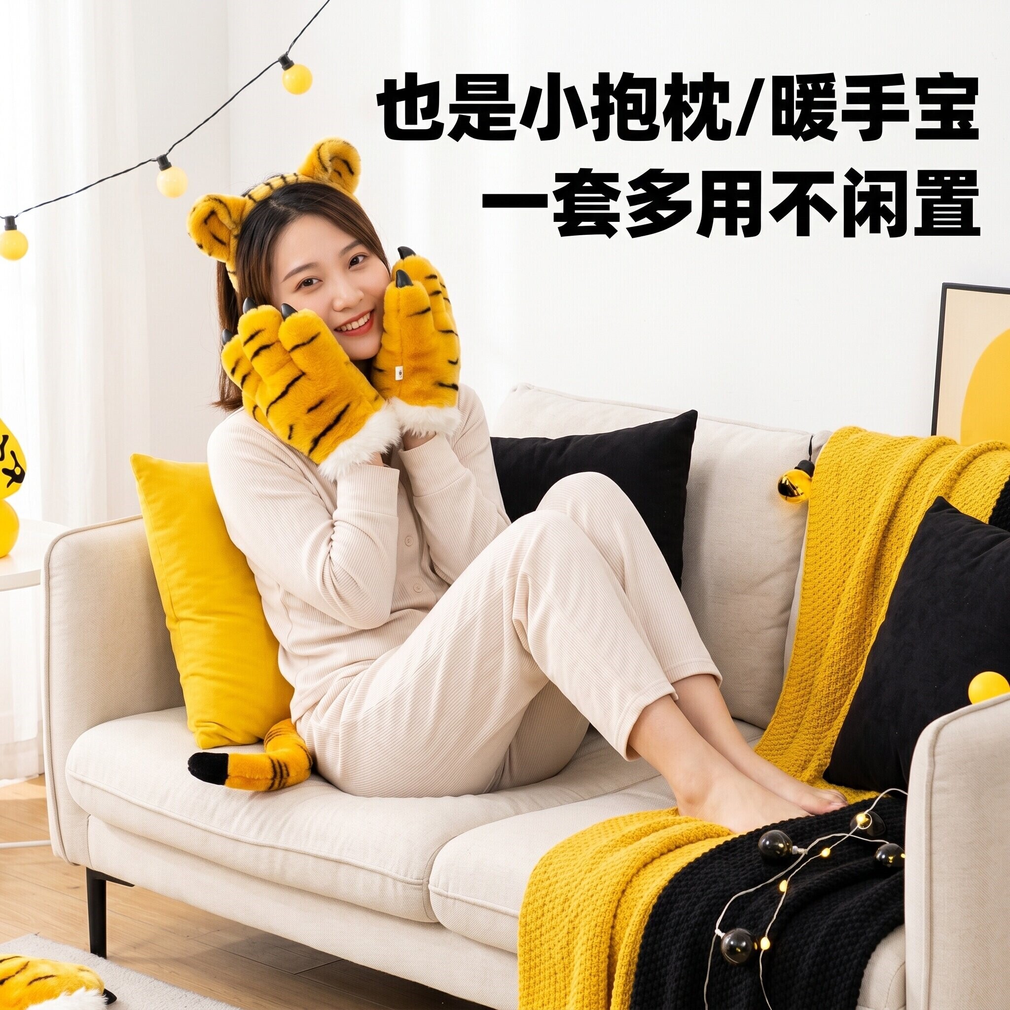 恐龙动物爪子手套尾巴虎爪毛绒玩具万圣节成人老虎儿童发箍道具