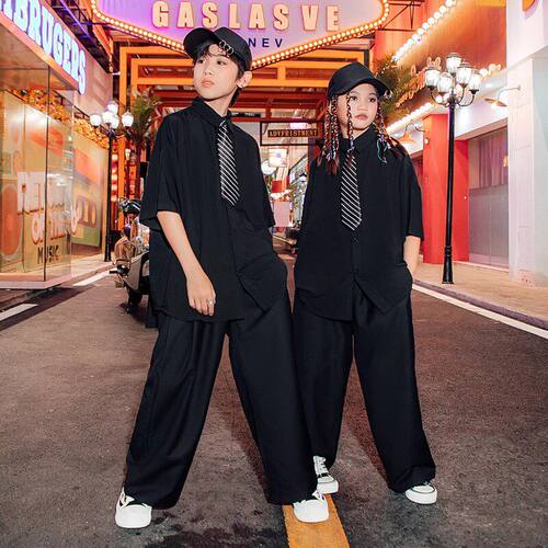 潮服女童模特走秀时装夏季男童爵士舞服装黑色衬衫现代舞练功服帅