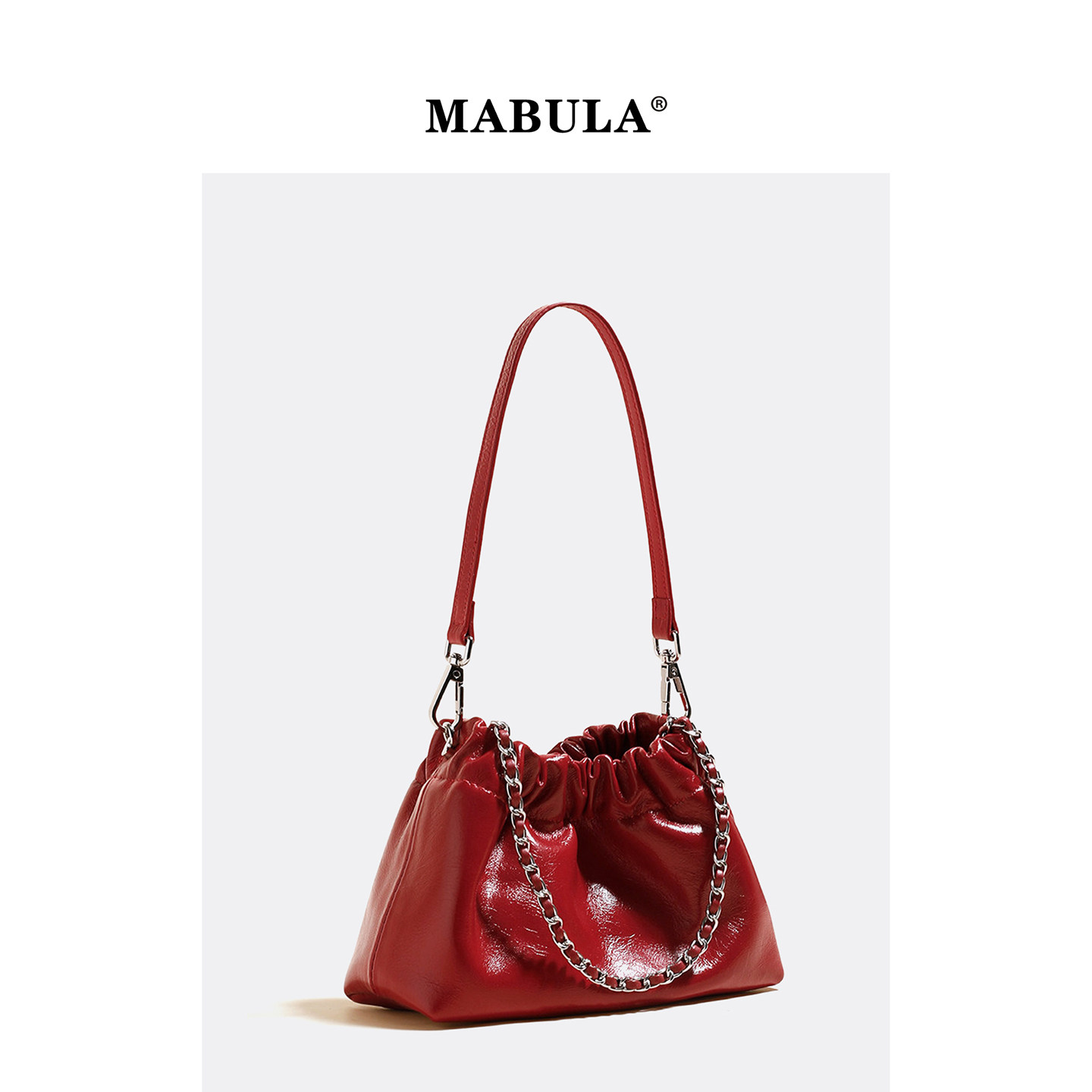 MABULA红色真皮褶皱链条云朵包女2026春季新年腋下包本命年单肩包,箱包皮具/热销女包/男包,托特包,淘宝优惠券,粉丝福利购,淘宝优惠卷