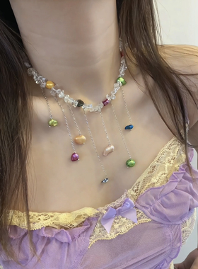 彩虹糖！彩色串珠项链女小众设计感锁骨链轻奢高级感颈链配饰
