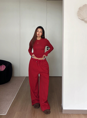 小野熊【ins白女穿搭】磨毛短款ins美式长袖上衣裤子套装N24T3593