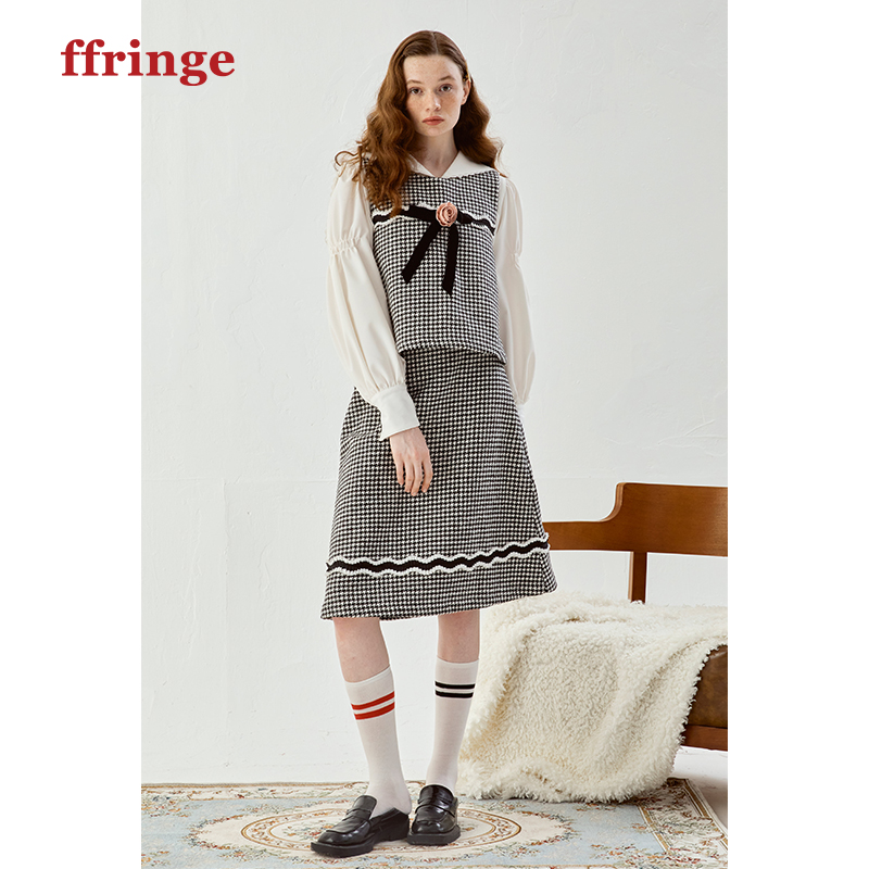 ffringe千鸟格玫瑰背心套装