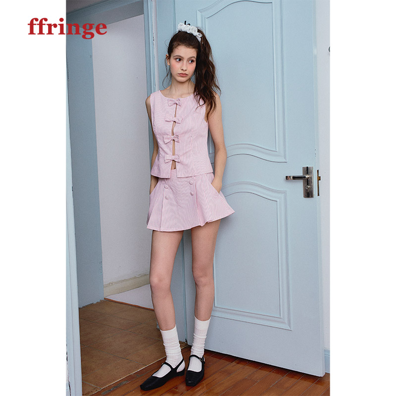 ffringe 原创设计师款粉色条纹半身裙女夏百褶裙学院千金a字半裙