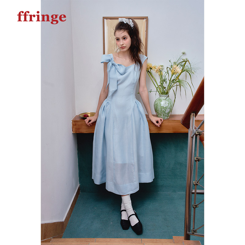 ffringe斜肩绑带浅蓝色长裙千金风原创设计感收腰连衣裙夏