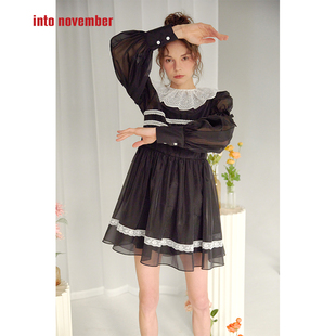 ffringe 原创独立设计师 夏早秋娃娃领欧根纱连衣裙小黑裙