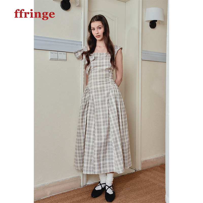 ffringe 斜肩绑带米色格纹长裙复古原创设计感格子连衣裙夏