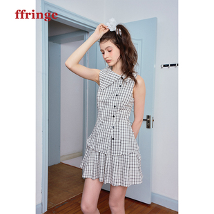 ffringe 原创小众设计师格子无袖连衣裙大翻领百褶裙短裙