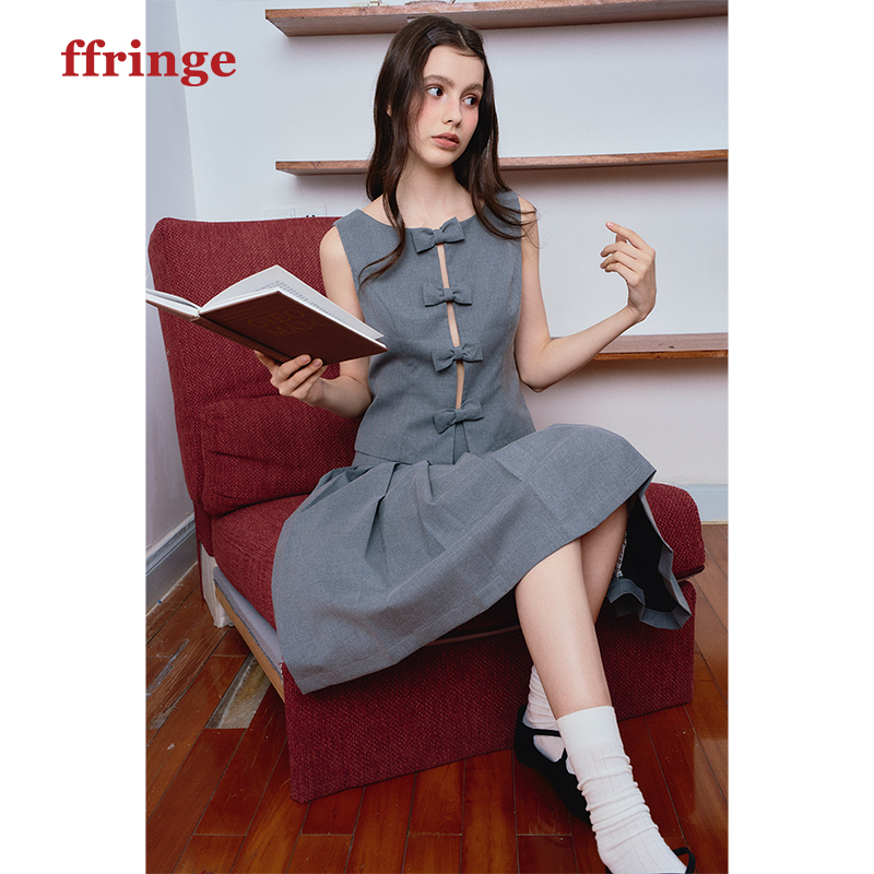 ffringe 原创设计师灰色蝴蝶结无袖马甲套装裙学院风百褶裙套装