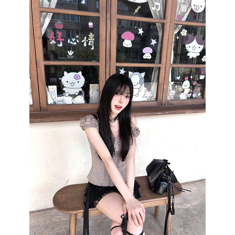 2025新款女士春夏季法式蕾丝钩花镂空泡泡袖衬衫上衣A字半身裙