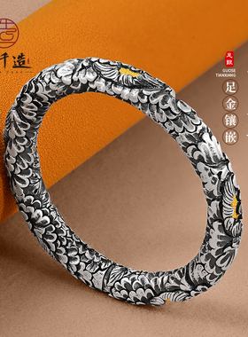 银千造非遗满錾牡丹开口手镯