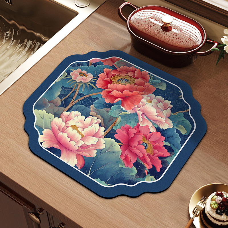 中式牡丹硅藻泥厨房沥水垫餐具碗盘餐垫控水垫吧台垫桌面茶杯垫