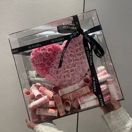 网红亚克力有钱花礼盒成品花束摆件生日礼物镜面爱心永生花高级感