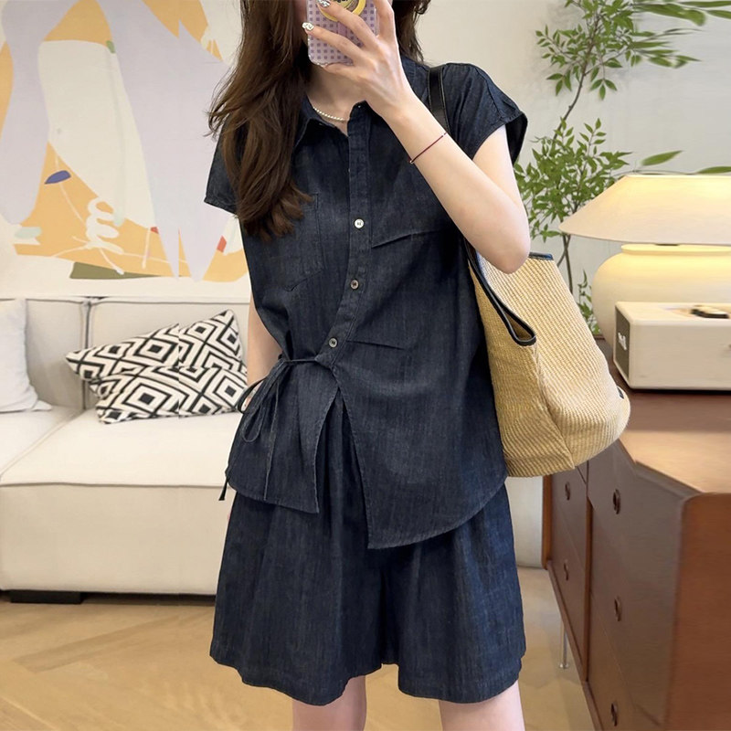 夏装穿搭一整套高级感绑带牛仔衬衫短裤套装女2026夏季新款两件套