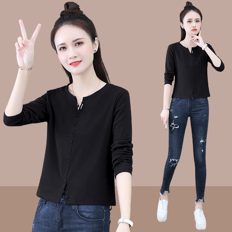 2026春秋新款打底衫V领时尚洋气修身纯棉短款黑色上衣长袖T恤女