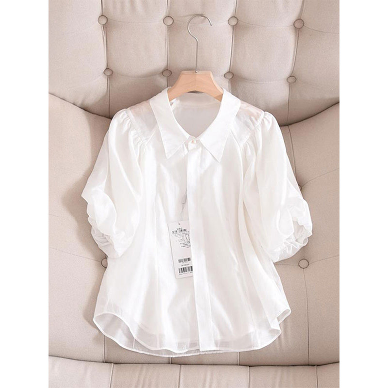 女士短袖雪纺衬衫小个子2026新款泡泡袖遮肚子娃娃衫上衣夏季衬衣