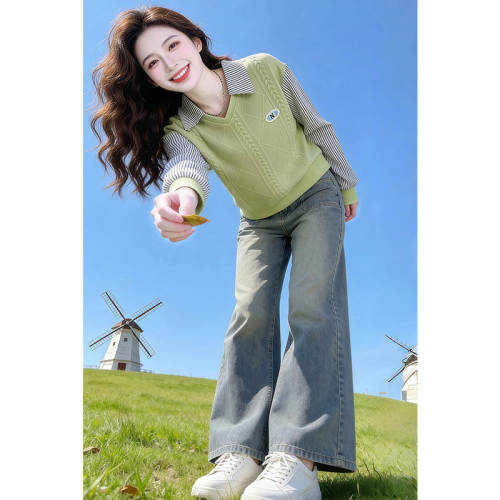 假两件拼接POLO领针织衬衫女