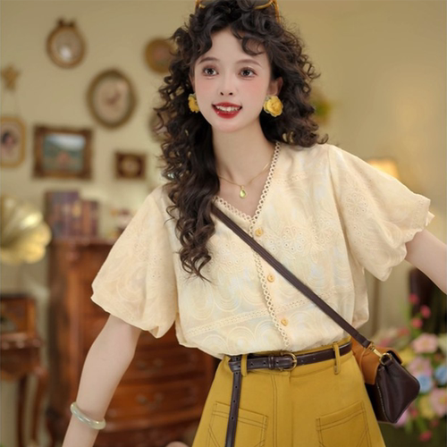 港风复古V领绣花衬衫女夏