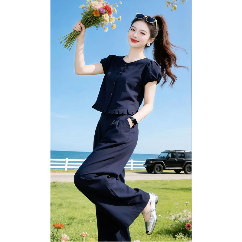 法式设计感花边气质套装女2026年夏季纯色宽松遮肉上衣长裤两件套