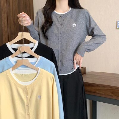 韩系假两件撞色针织开衫上衣女