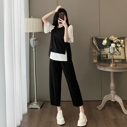 假两件短袖九分裤子两件套女