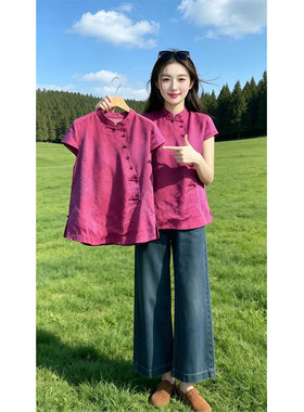 新中式国风红色短袖衬衫女2026夏季新款显瘦设计斜襟盘扣气质上衣