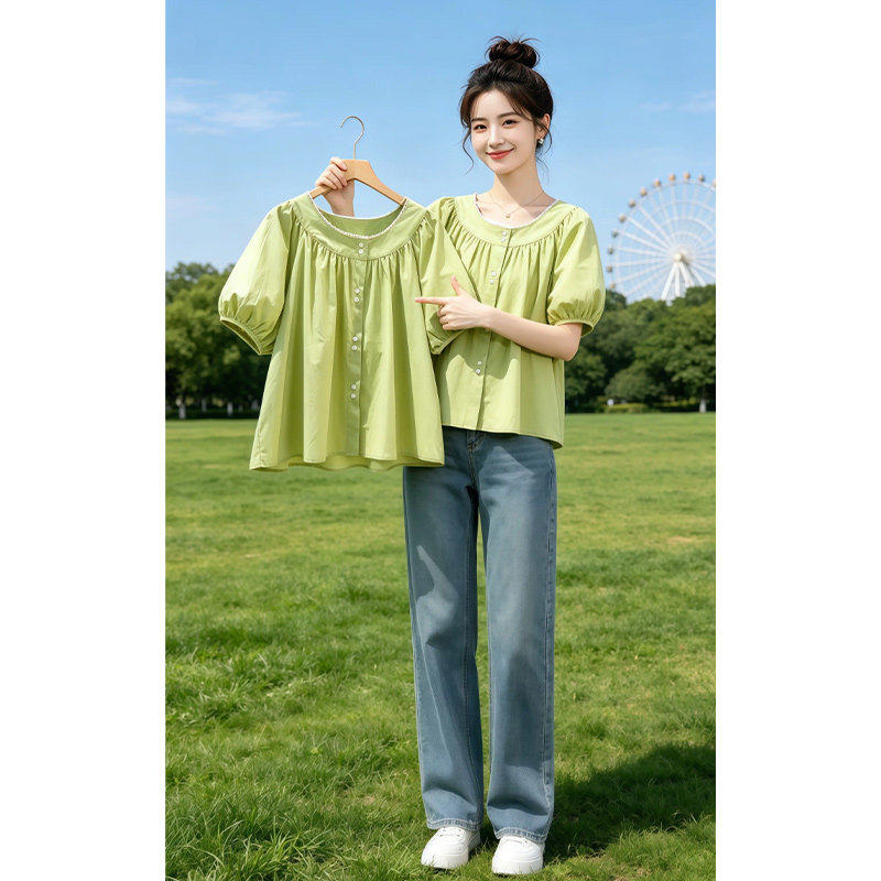 花边圆领绿色衬衫短袖T恤女2026新款夏季灯笼袖娃娃衫高级感上衣
