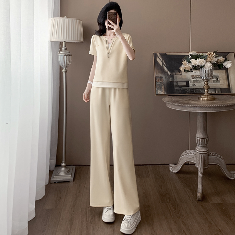 时尚减龄休闲运动套装女2026夏季洋气假两件短袖上衣阔腿裤两件套