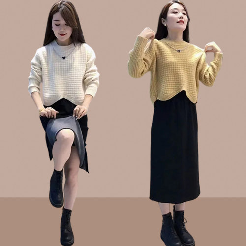 时尚套装裙女春秋季圆领针织上衣
