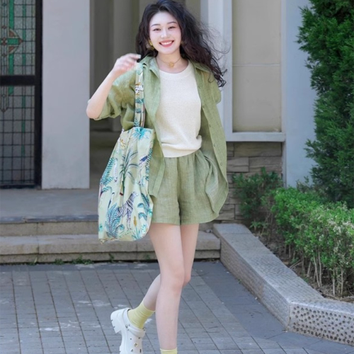 韩版亚麻衬衫套装女夏季小个子松弛感慵懒风棉麻防晒衣短裤两件套