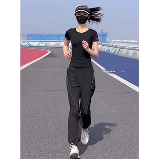 时尚休闲运动套装女夏季新款黑色冰丝薄款后口袋上衣跑步服两件套