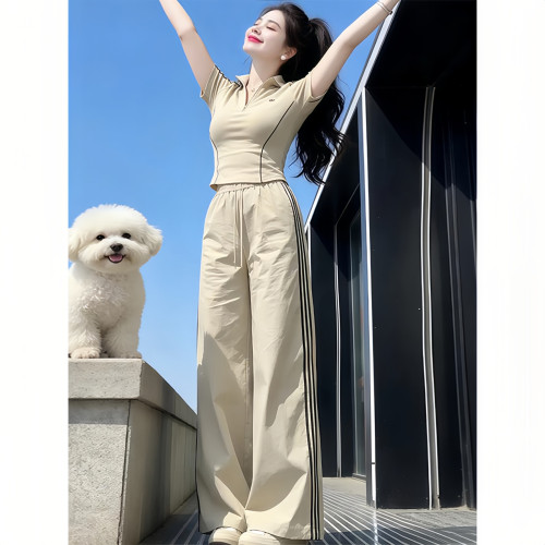 修身半拉链短袖t恤休闲裤两件套