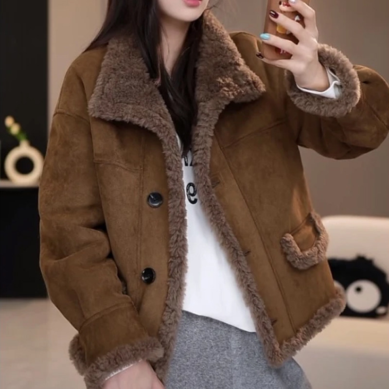 加厚皮毛一体外套女士短款2026冬季新款小个子复古麂皮绒夹克上衣