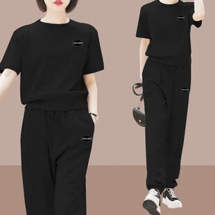 纯棉运动服套装女士2026夏季新款休闲时尚两件套洋气减龄时髦大码