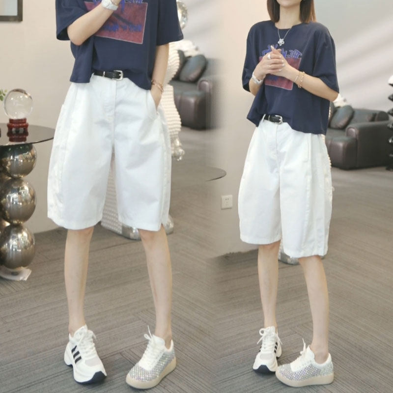 白色五分短裤女2026夏季新款休闲百搭宽松bf慵懒风高腰阔腿裤子