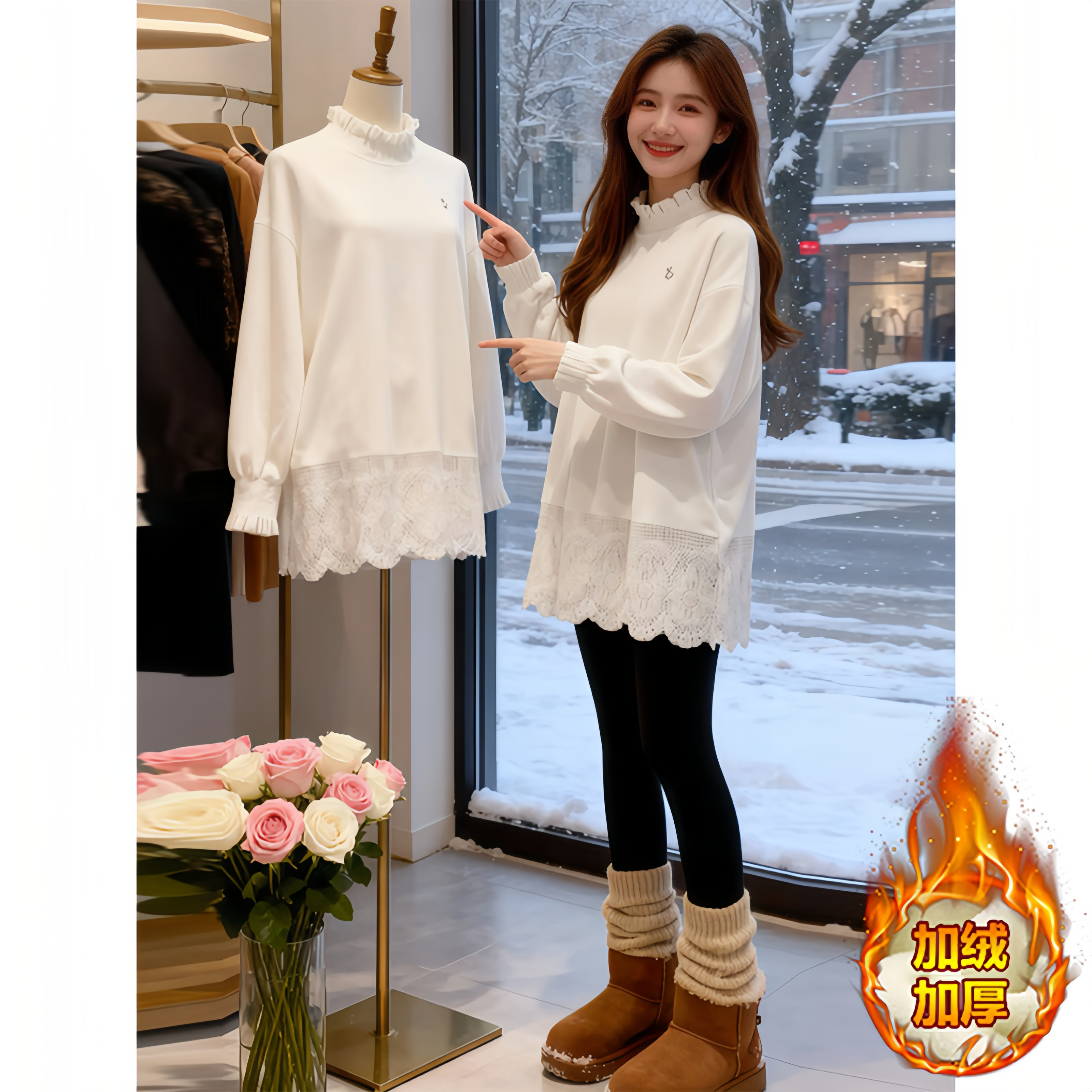中长款蕾丝边拼接加绒长袖T恤女2026秋冬新款洋气宽松圆领打底衫